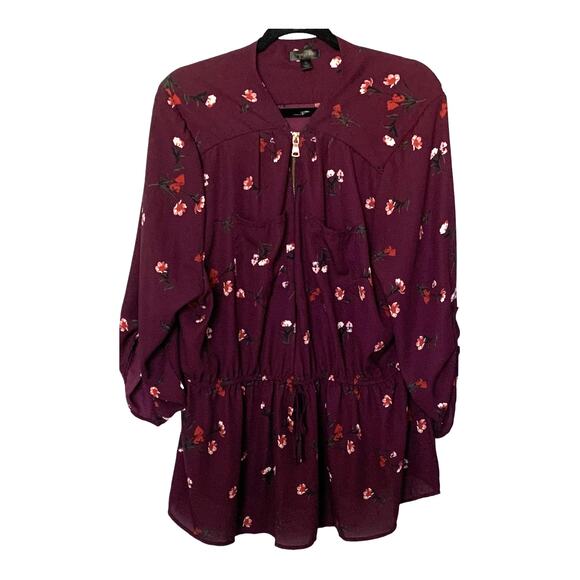 ORANGE KISS LONG SLEEVE V-NECK HALF-ZIP BLOUSE, WOMENS, 3X, BURGUNDY W/FLOWERS - Picture 1 of 12